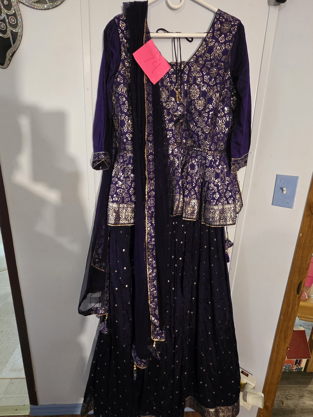 3 Piece Women Size Xxlarge Wedding Kurta Purple Dress Skirt Top And Wrap